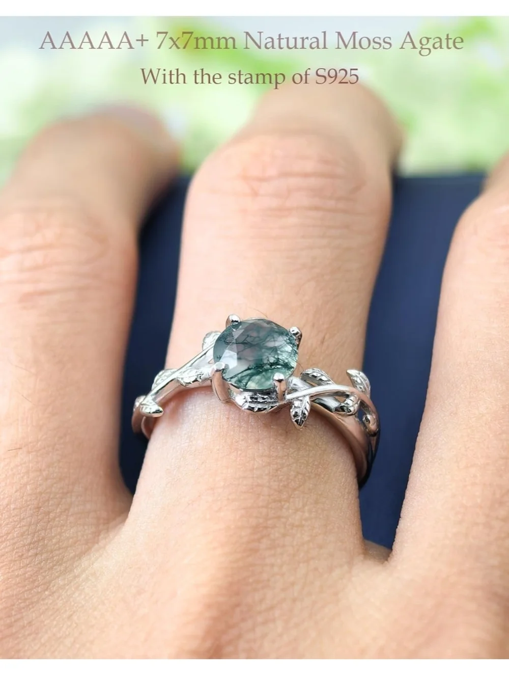 Sterling Silver Green Moss Agate Leaf Ring. MANY SIZES